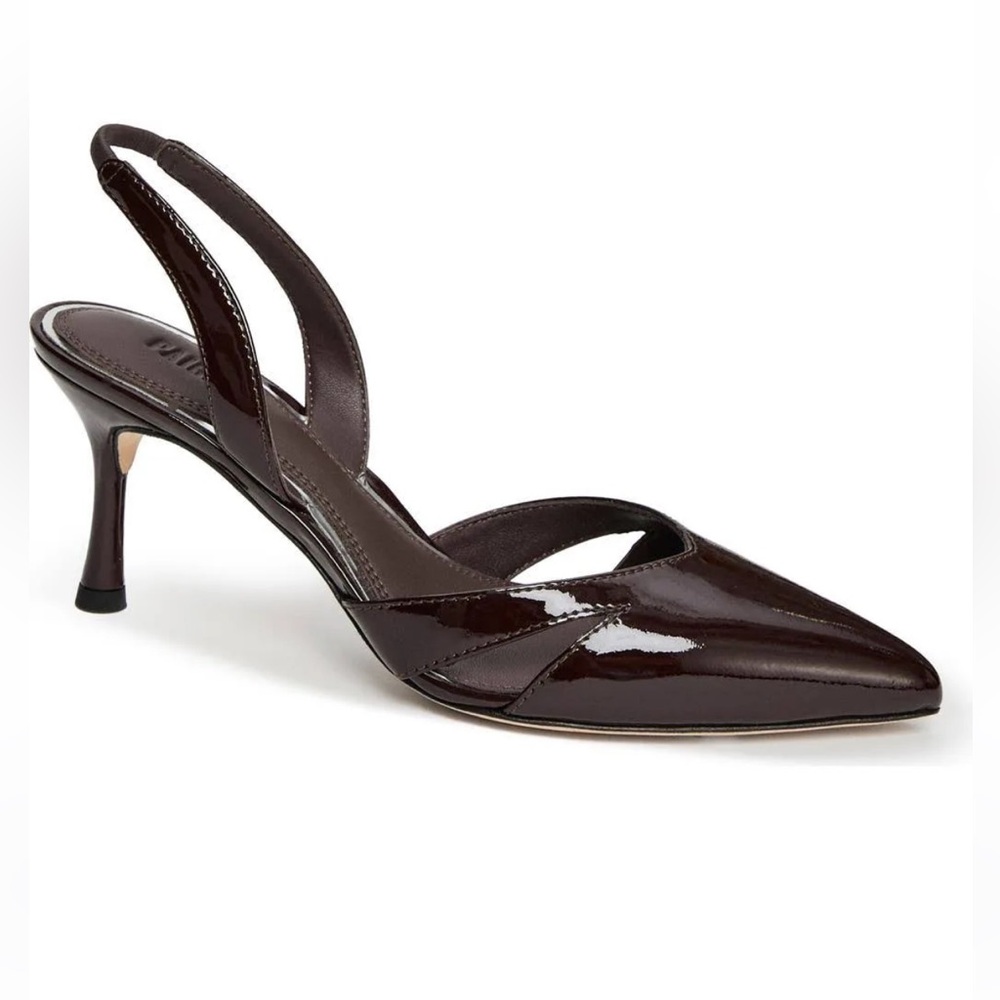PAIGE Patent Leather Pointed Slingback Pumps in Dark Brown